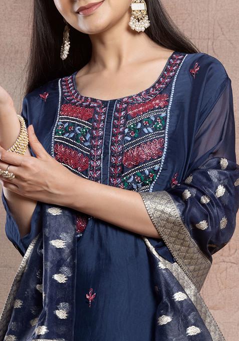 Navy Blue Gotta Detailing Panelled Kurta with Pants and Net Dupatta main image 1