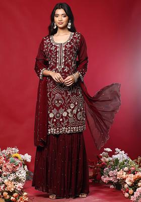 Crimson Red Sharara Set With Floral Hand Embroidered Kurta And Dupatta