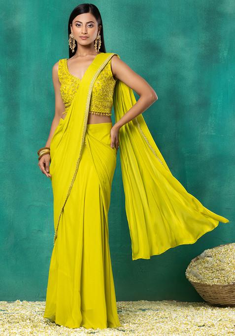 Lime Green Pre-Stitched Saree Set With Floral Sequin Hand Embellished Blouse