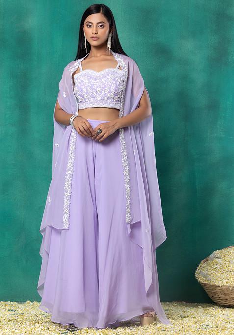 Lilac Sharara Set With Floral Thread Embroidered Blouse And Jacket
