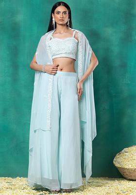 Light Green Sharara Set With Floral Thread Embroidered Blouse And Jacket