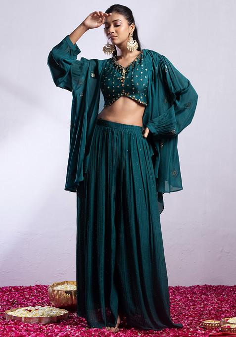 Green Embellished Sharara Set With Sequin Embellished Blouse And Dupatta