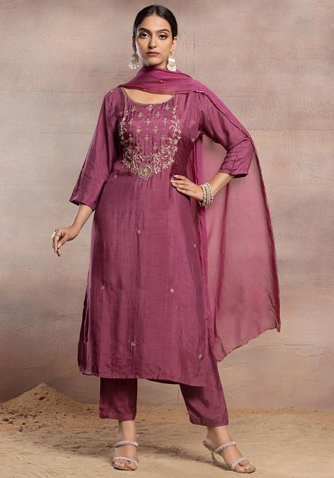 Maroon Floral Sequin Embellished Kurta Set With Pants And Dupatta