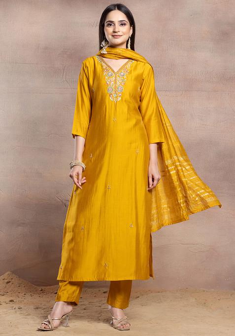 Mustard Floral Sequin Bead Embellished Kurta Set With Pants And Dupatta