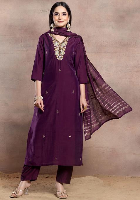Purple Floral Sequin Bead Embellished Kurta Set With Pants And Dupatta