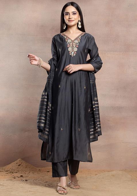 Charcoal Grey Floral Sequin Bead Embellished Kurta Set With Pants And Dupatta