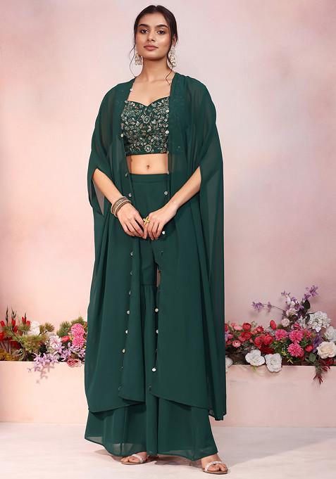 Dark Green Jacket Set With Floral Sequin Hand Embroidered Blouse And Palazzo