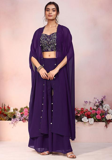Purple Jacket Set With Floral Sequin Hand Embroidered Blouse And Palazzo