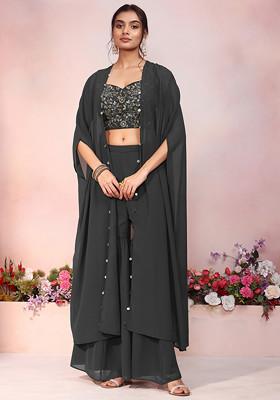 Charcoal Black Jacket Set With Floral Sequin Hand Embroidered Blouse And Palazzo