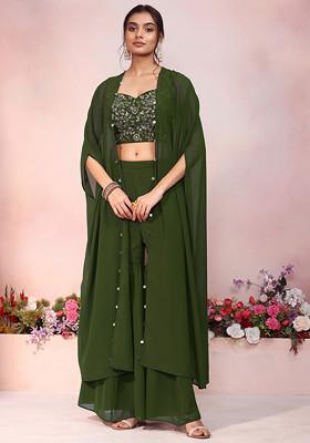 Olive Green Jacket Set With Floral Sequin Hand Embroidered Blouse And Palazzo