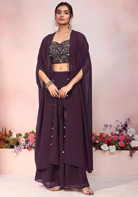 Old Mauve Jacket Set With Floral Sequin Hand Embroidered Blouse And Palazzo