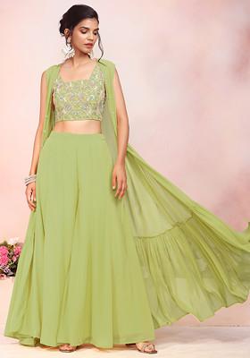 Light Olive Jacket Set With Multicolour Sequin Hand Embroidered Blouse And Palazzo