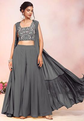 Charcoal Black Jacket Set With Multicolour Sequin Hand Embroidered Blouse And Palazzo