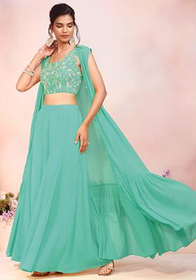 Mint Green Jacket Set With Multicolour Sequin Hand Embroidered Blouse And Palazzo