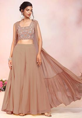 Beige Jacket Set With Multicolour Sequin Hand Embroidered Blouse And Palazzo