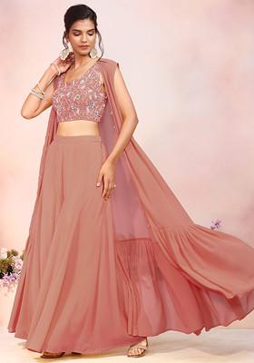 Salmon Pink Jacket Set With Multicolour Sequin Hand Embroidered Blouse And Palazzo