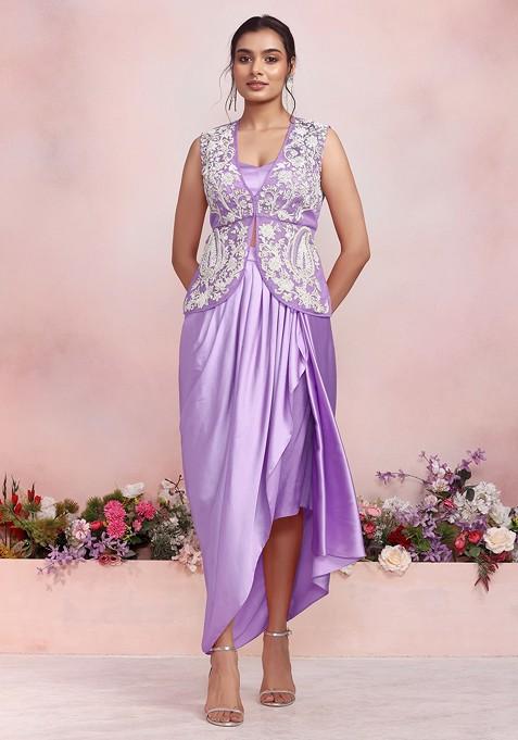 Lavender Sequin Pearl Hand Embroidered Organza Jacket Set With Satin Blouse And Skirt