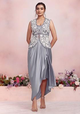 Grey Sequin Pearl Hand Embroidered Organza Jacket Set With Satin Blouse And Skirt