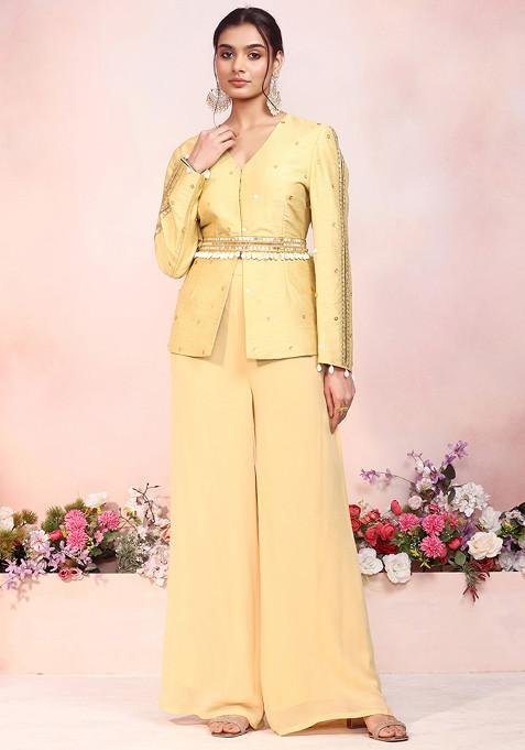 Light Yellow Sequin Hand Embroidered Kurta Set With Palazzo And Embellished Belt