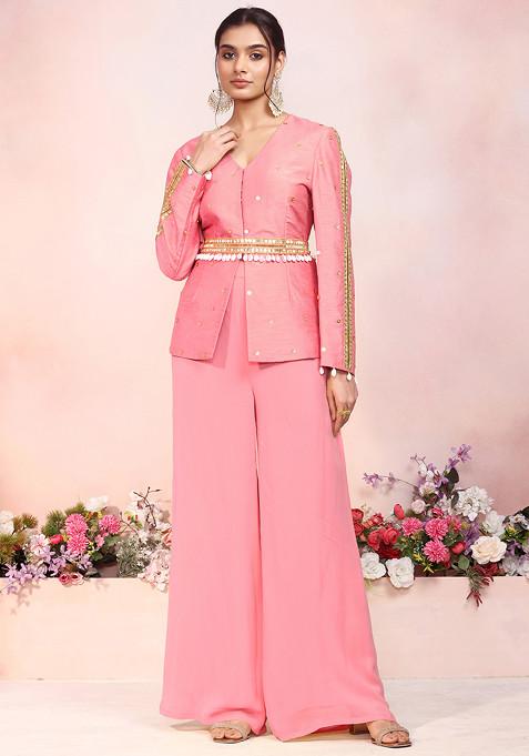 Pink Sequin Hand Embroidered Kurta Set With Palazzo And Embellished Belt
