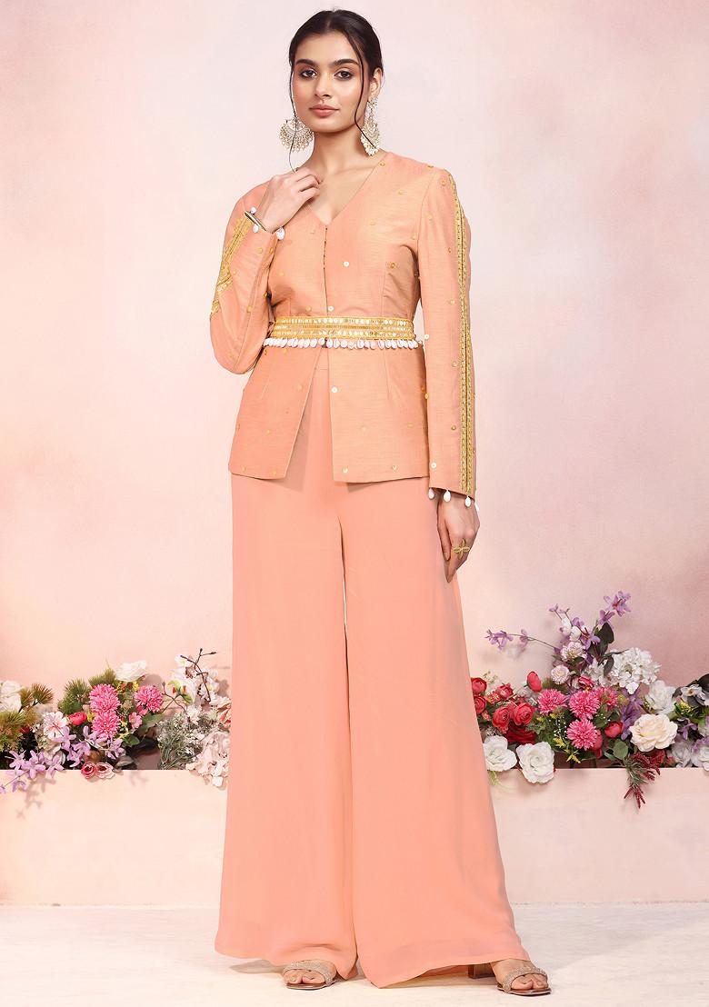Salmon Pink Sequin Hand Embroidered Kurta Set With Palazzo And Embellished Belt