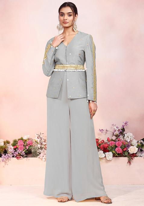 Grey Sequin Hand Embroidered Kurta Set With Palazzo And Embellished Belt