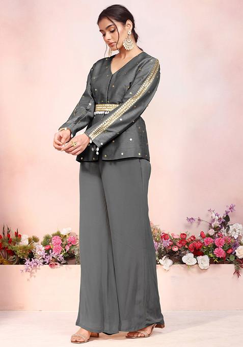 Charcoal Black Sequin Hand Embroidered Kurta Set With Palazzo And Embellished Belt