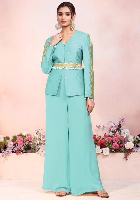 Light Blue Sequin Hand Embroidered Kurta Set With Palazzo And Embellished Belt