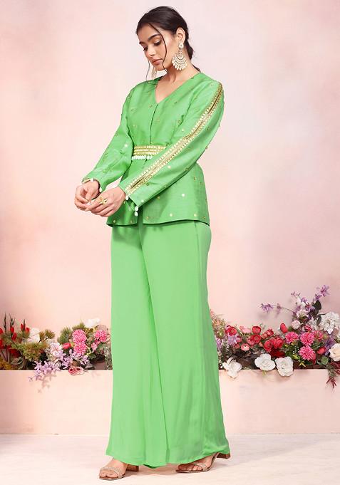 Green Sequin Hand Embroidered Kurta Set With Palazzo And Embellished Belt