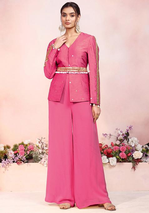 Rani Pink Sequin Hand Embroidered Kurta Set With Palazzo And Embellished Belt
