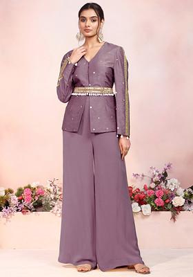 Old Mauve Sequin Hand Embroidered Kurta Set With Palazzo And Embellished Belt
