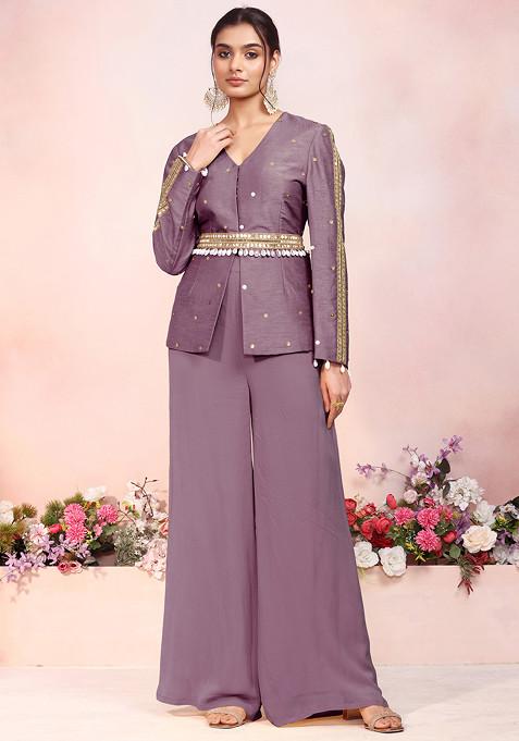 Old Mauve Sequin Hand Embroidered Kurta Set With Palazzo And Embellished Belt