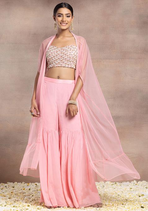 Pink Sharara Set With Pearl Sequin Scallop Hand Embroidered Blouse And Mesh Jacket