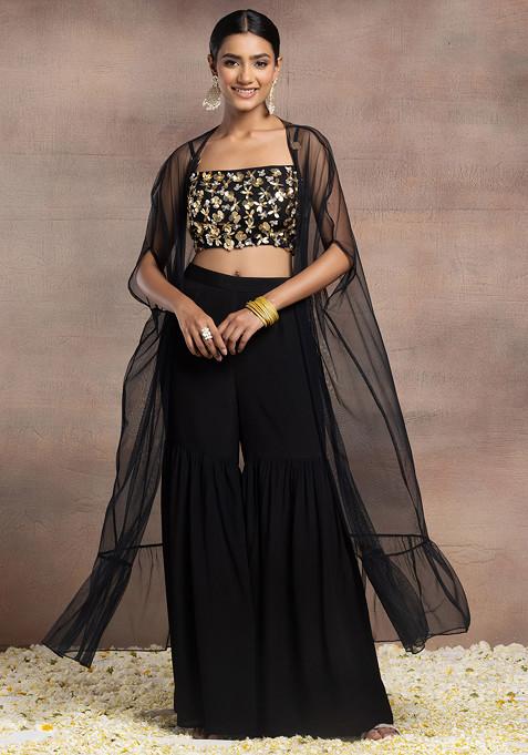 Black Sharara Set With Floral Sequin Pearl Hand Embroidered Blouse And Mesh Jacket