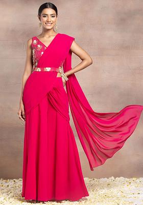 Fuchsia Pink Draped Palazzo Set With Sequin Bead Hand Embroidered Blouse And Belt