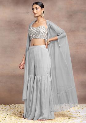 Grey Sharara Set With Pearl Sequin Scallop Hand Embroidered Blouse And Mesh Jacket