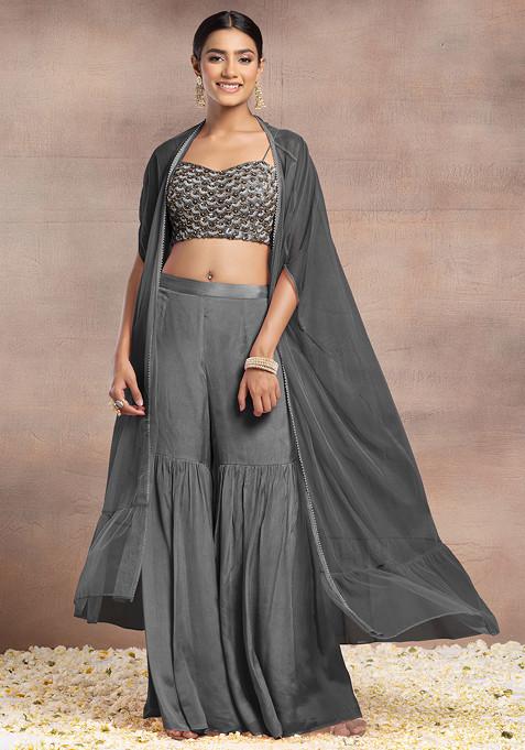 Charcoal Black Sharara Set With Pearl Sequin Scallop Hand Embroidered Blouse And Mesh Jacket