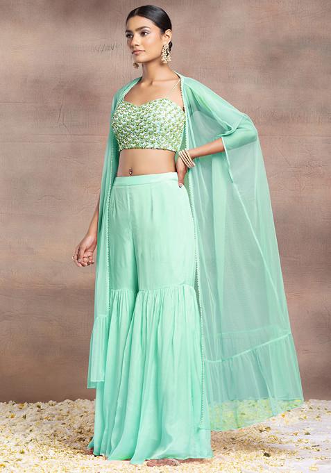 Mint Green Sharara Set With Pearl Sequin Scallop Hand Embroidered Blouse And Mesh Jacket