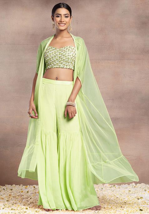 Pastel Green Sharara Set With Pearl Sequin Scallop Hand Embroidered Blouse And Mesh Jacket