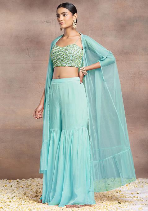 Light Blue Sharara Set With Pearl Sequin Scallop Hand Embroidered Blouse And Mesh Jacket