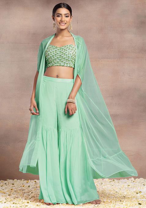 Light Green Sharara Set With Pearl Sequin Scallop Hand Embroidered Blouse And Mesh Jacket