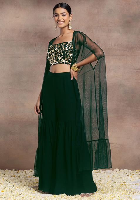 Emerald Green Sharara Set With Floral Sequin Pearl Hand Embroidered Blouse And Mesh Jacket
