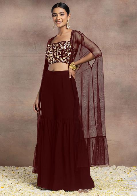 Maroon Sharara Set With Floral Sequin Pearl Hand Embroidered Blouse And Mesh Jacket