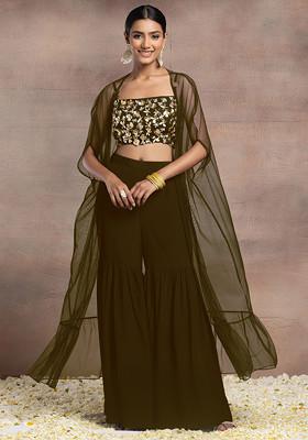 Olive Green Sharara Set With Floral Sequin Pearl Hand Embroidered Blouse And Mesh Jacket