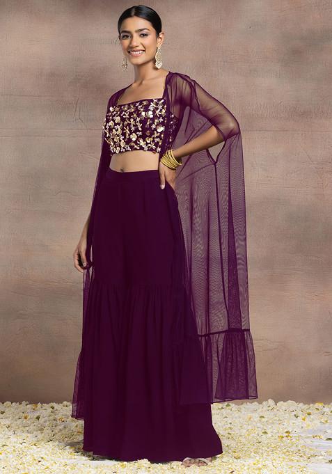 Purple Sharara Set With Floral Sequin Pearl Hand Embroidered Blouse And Mesh Jacket