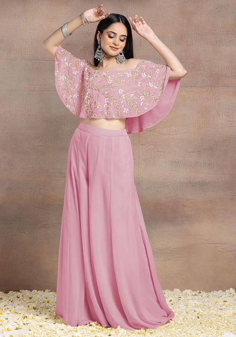 Pink Sharara Set With Floral Bead Hand Embroidered Blouse And Choker Dupatta