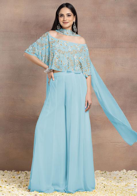 Light Blue Sharara Set With Floral Bead Hand Embroidered Blouse And Choker Dupatta