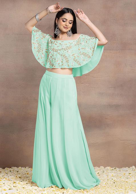 Light Green Sharara Set With Floral Bead Hand Embroidered Blouse And Choker Dupatta