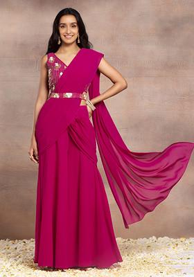 Pink Draped Palazzo Set With Sequin Bead Hand Embroidered Blouse And Belt