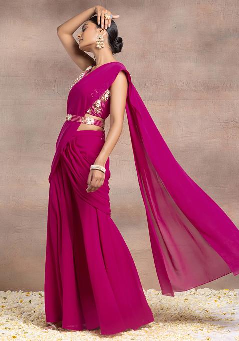 Pink Draped Palazzo Set With Sequin Bead Hand Embroidered Blouse And Belt